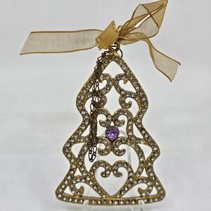 Gold Color Christmas Tree With Purple & White Rinestones With Bow Ornament